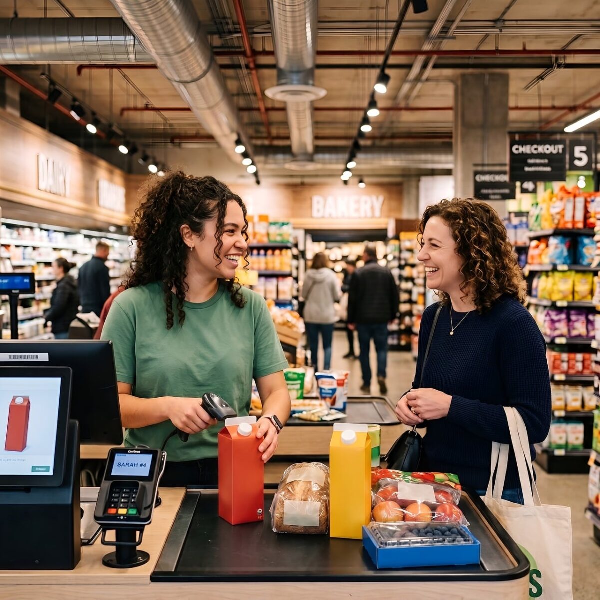 supermarket, shopping, cashier, customer, transaction, smiling, fresh food, bakery, selection, food service, friendly, employee, checkout, point of sale, healthy food, store worker, customer service, checkout counter, packaging, shopper experience